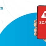 Visual di allerta di Fondo Telemaco che mostra una mano con uno smartphone. Sullo schermo rosso del telefono compare un'icona di pericolo e la scritta "SCAM".