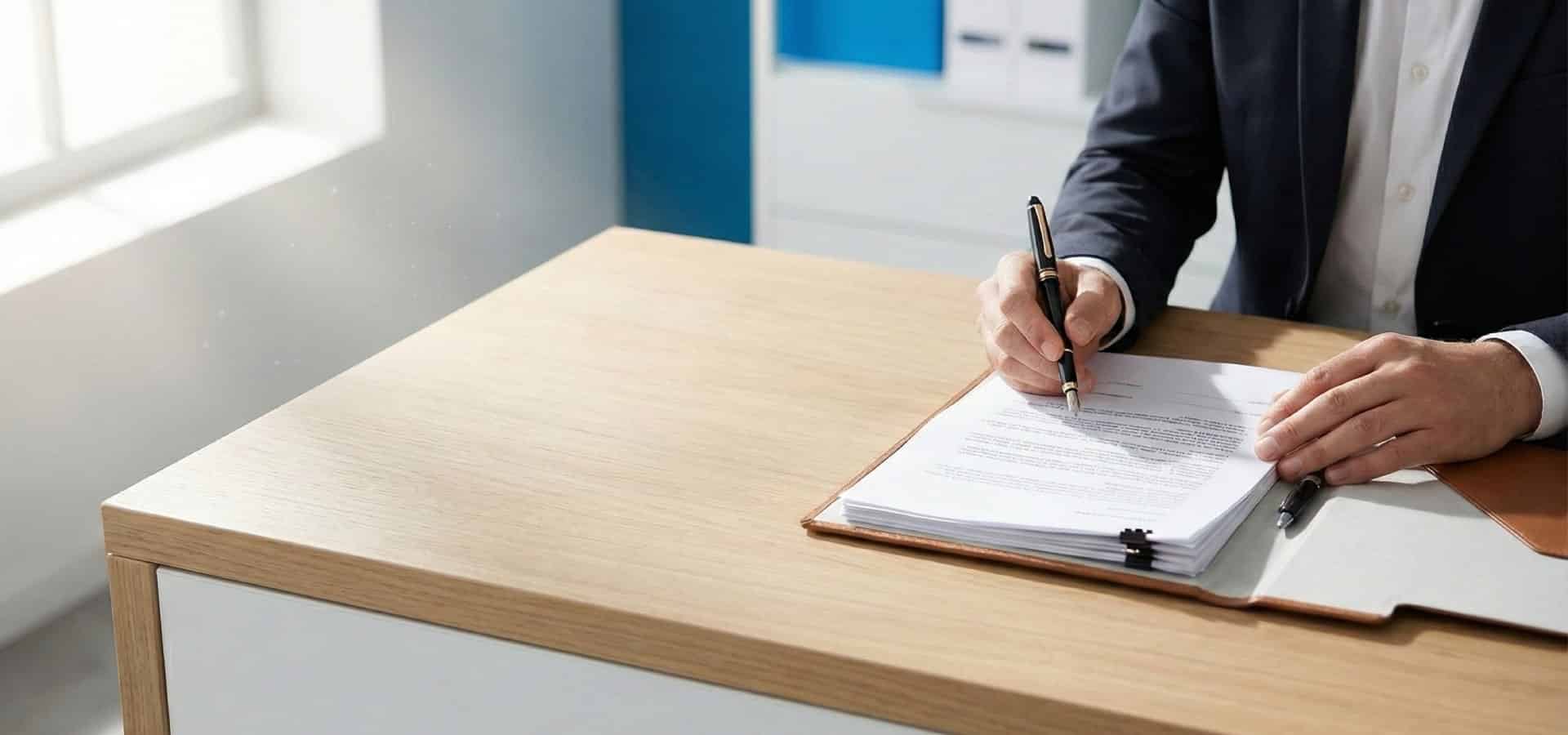 Un professionista in giacca scura e camicia bianca è ritratto mentre firma una pila di documenti appoggiati su una scrivania in legno chiaro. L'azione avviene all'interno di un ufficio luminoso; la mano destra impugna una penna stilografica nera con finiture dorate, mentre la sinistra tiene fermo il plico inserito in una cartella in pelle.